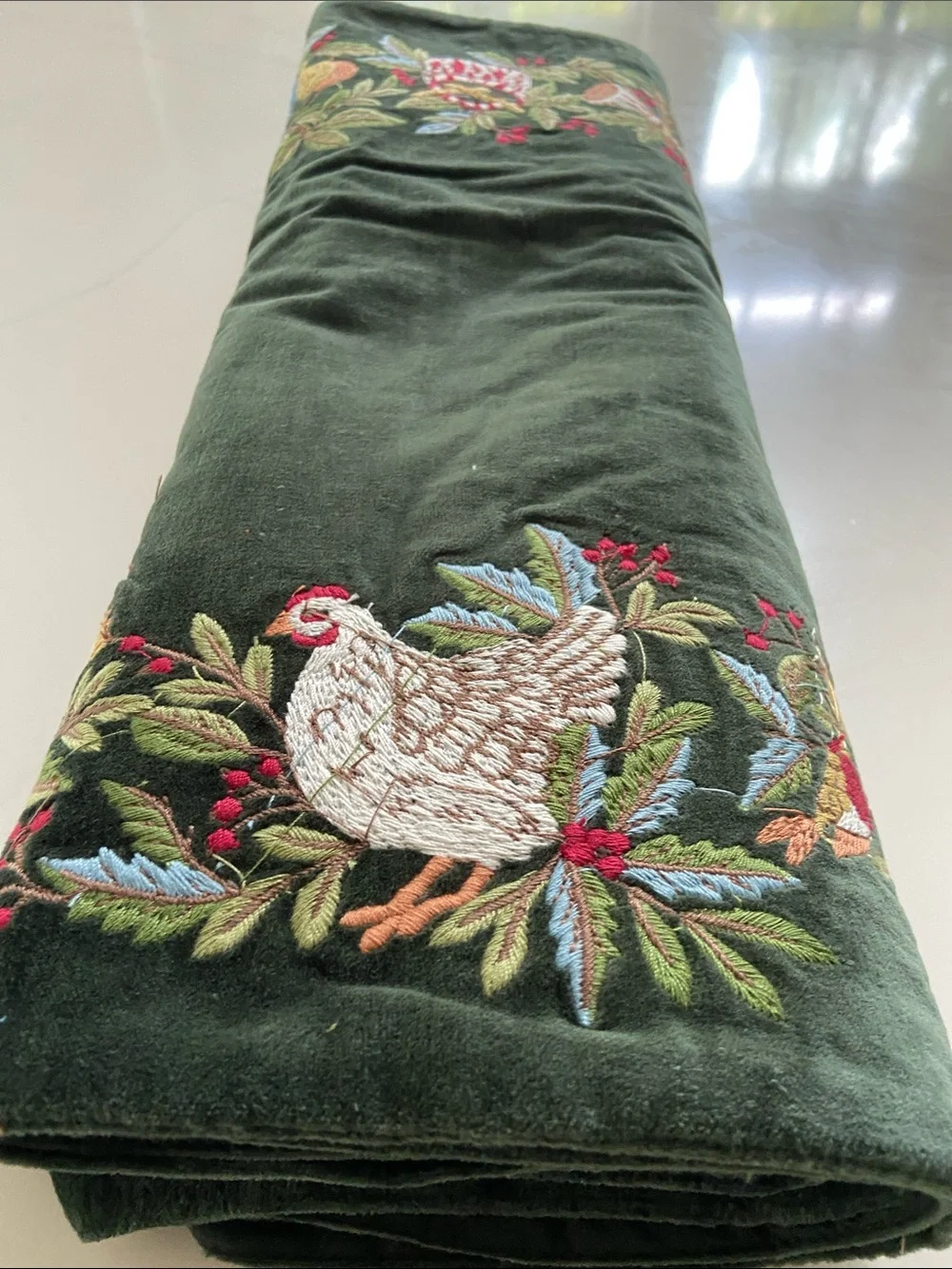 Embroidered Velvet Table Runner in Deep Forest Green.. pottery barn runner